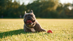 Young pup outside in the grass in the summer-time, panting and enjoying a game of fetch with an orange ball