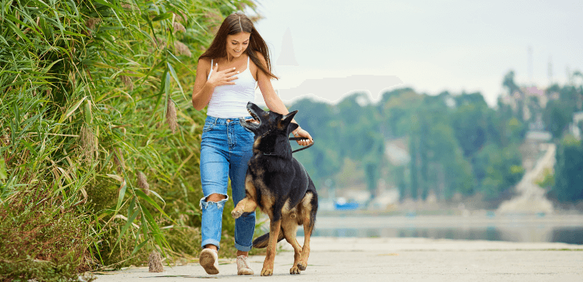 Happy woman walking her German Shepherd dog along a scenic trail, emphasizing outdoor activity and mood improvement