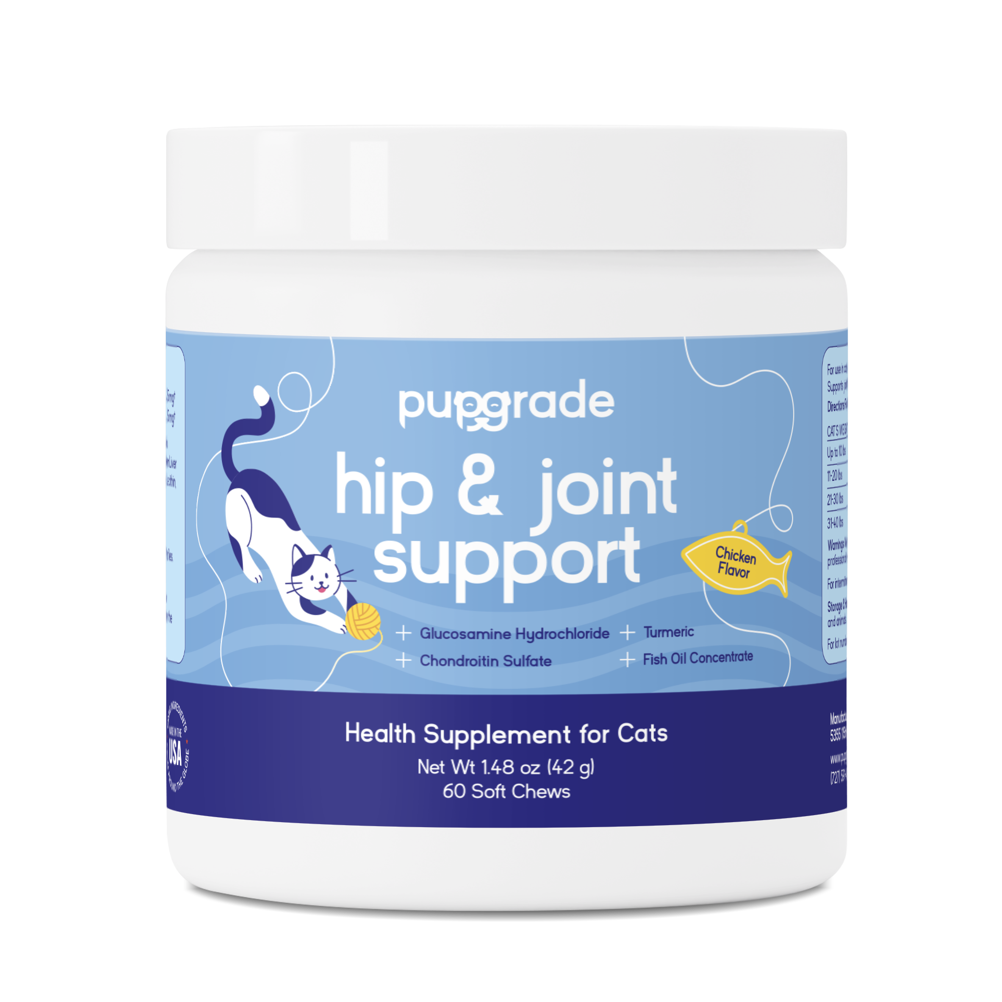 A jar of PupGrade Hip & Joint Support supplements for cats.