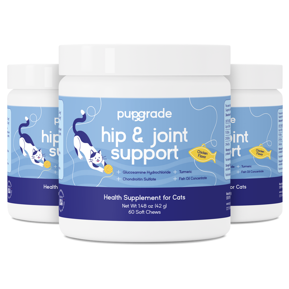 Three jars of PupGrade Hip & Joint Support supplements for cats shown in a row.