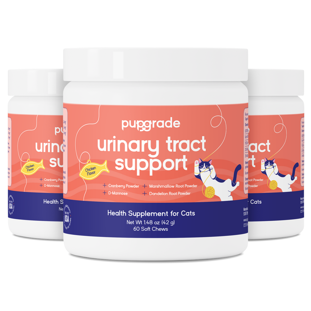 Three jars of PupGrade Urinary Tract Support supplements for cats shown in a row.