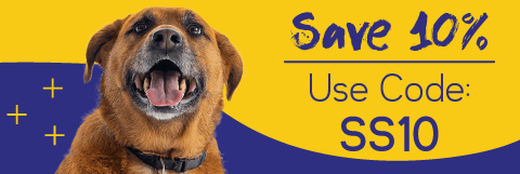 Save 10%! Use code SS10. A happy brown dog with an open mouth sits against a yellow and purple background with decorative plus signs.